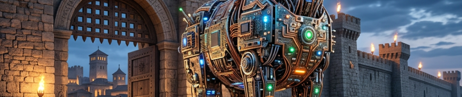 Large robotic Trojan horse with illuminated panels and antennas in front of a medieval castle gate with people and soldiers around it.