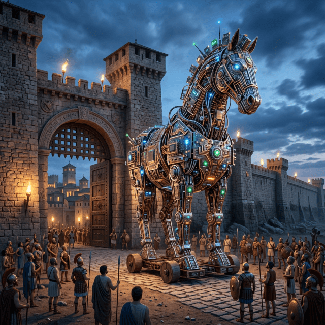 Large robotic Trojan horse with illuminated panels and antennas in front of a medieval castle gate with people and soldiers around it.