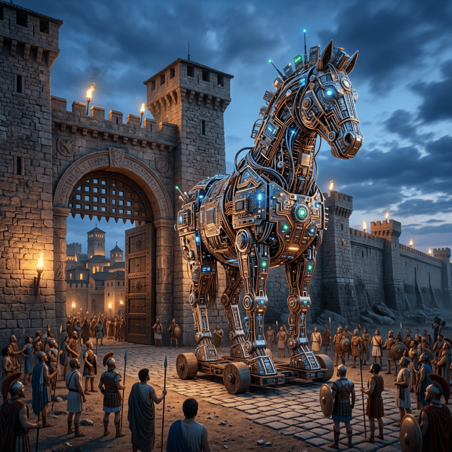 Large robotic Trojan horse with illuminated panels and antennas in front of a medieval castle gate with people and soldiers around it.