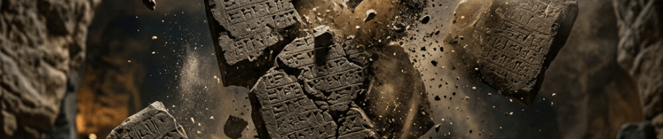 Shattered ancient stone tablets with inscriptions breaking into pieces mid-air in a cave