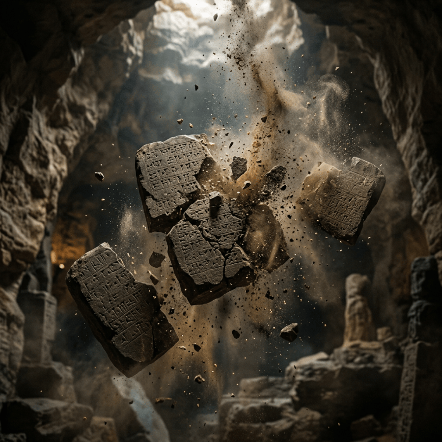 Shattered ancient stone tablets with inscriptions breaking into pieces mid-air in a cave