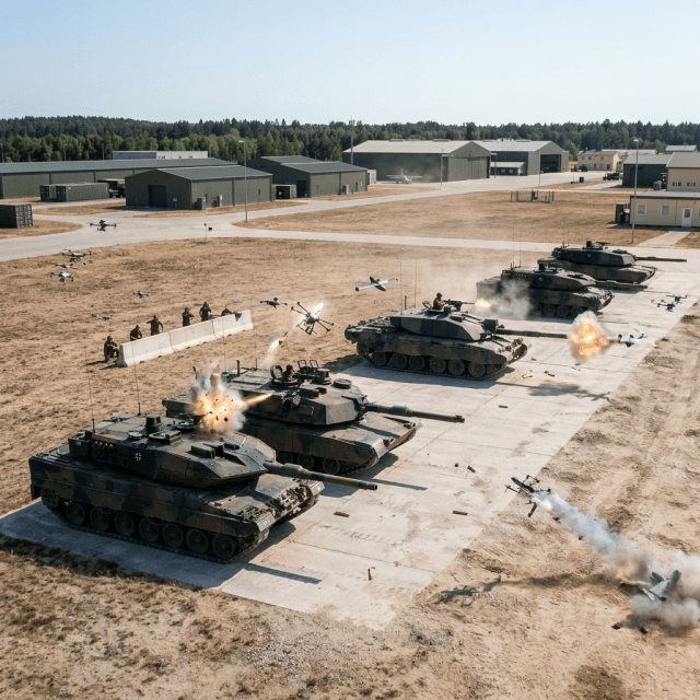 Drones intercepting missiles launched at tanks on a military training ground