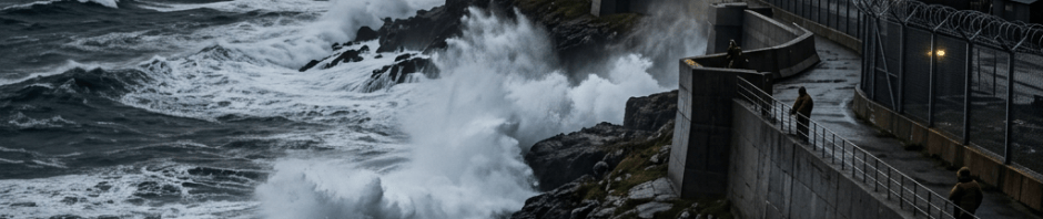 Waves crashing against rocky coast at a military base with guard towers and searchlights