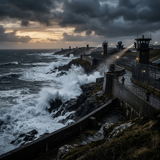 Waves crashing against rocky coast at a military base with guard towers and searchlights