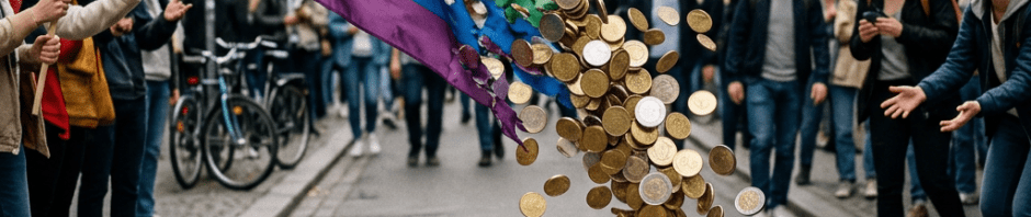 Rainbow LGBTQ+ flag turning into falling coins in a city street with onlookers