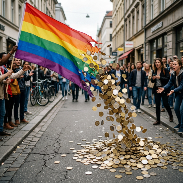 Rainbow LGBTQ+ flag turning into falling coins in a city street with onlookers