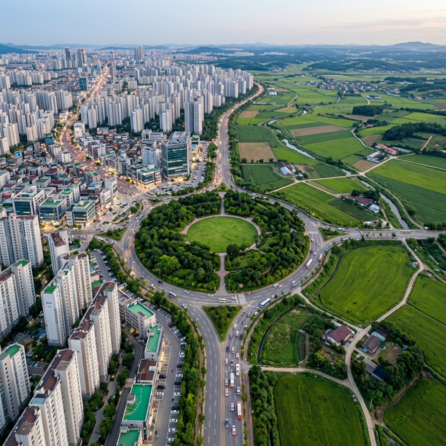 Aerial view of high-rise apartments, roundabout, roads, and farmland