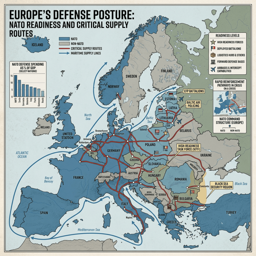 Map titled Europe’s Defense Posture showing NATO readiness and critical supply routes
