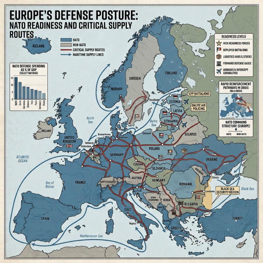Map titled Europe’s Defense Posture showing NATO readiness and critical supply routes