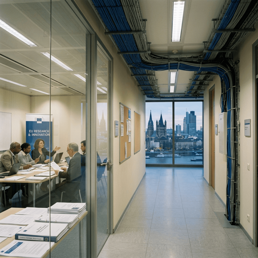 EU research and innovation meeting beside a corridor overlooking a city skyline