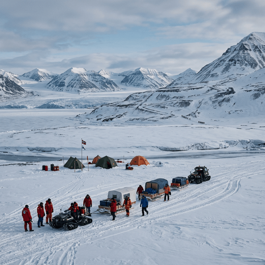 Expedition team and tents on snowy glacier beneath mountains
