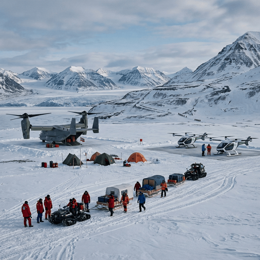 Expedition team and tents on snowy glacier beneath mountains