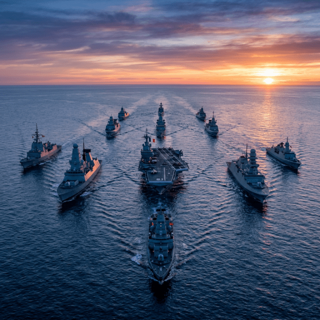 Naval fleet ships sailing in formation across the ocean at sunset