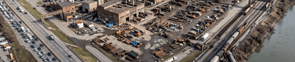 Aerial view of a steel mill beside highways, rail lines, and a river