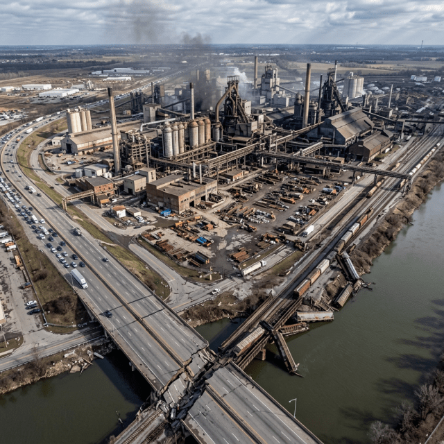 Aerial view of a steel mill beside highways, rail lines, and a river