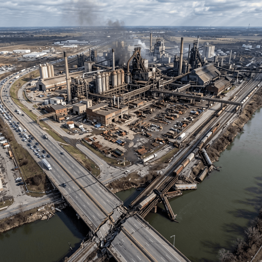 Aerial view of a steel mill beside highways, rail lines, and a river