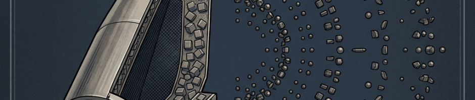 Futuristic spacecraft dissolving into swirling metallic fragments