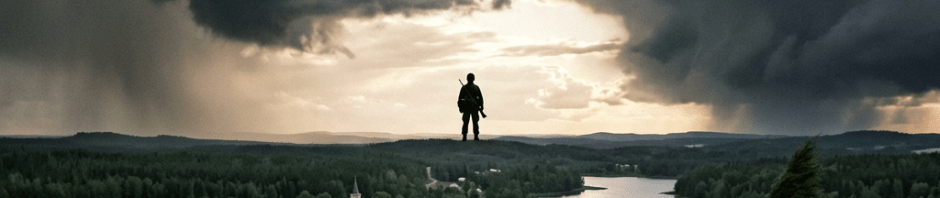 Lone hiker overlooking a forested village and lake beneath storm clouds