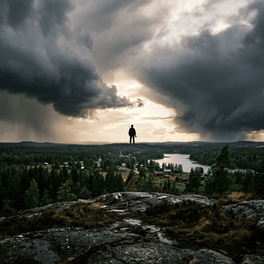 Lone hiker overlooking a forested village and lake beneath storm clouds