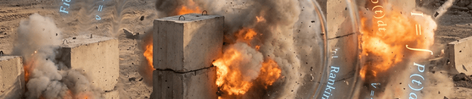 Explosions at a construction site surrounded by concrete barriers, overlaid with physics equations