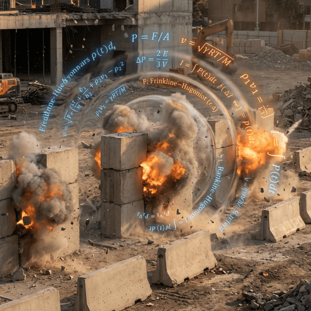Explosions at a construction site surrounded by concrete barriers, overlaid with physics equations