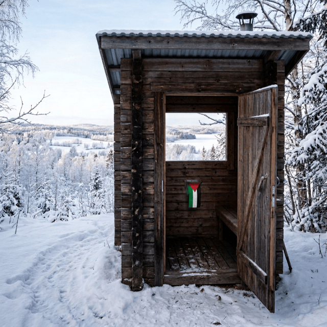 Open wooden shelter beside a snowy trail overlooking forested hills