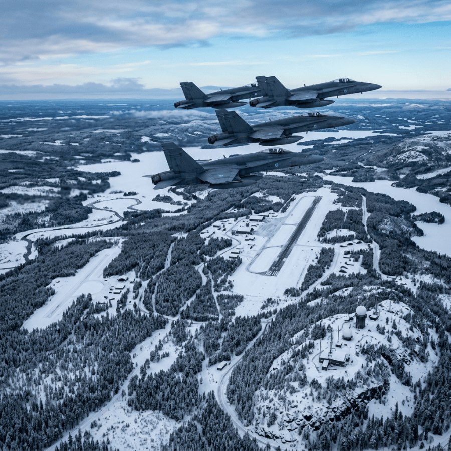 Three fighter jets flying over a snowy airbase and frozen lakes