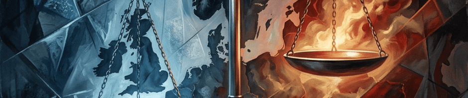 Balance scale contrasting icy blue shadows with fiery orange turmoil