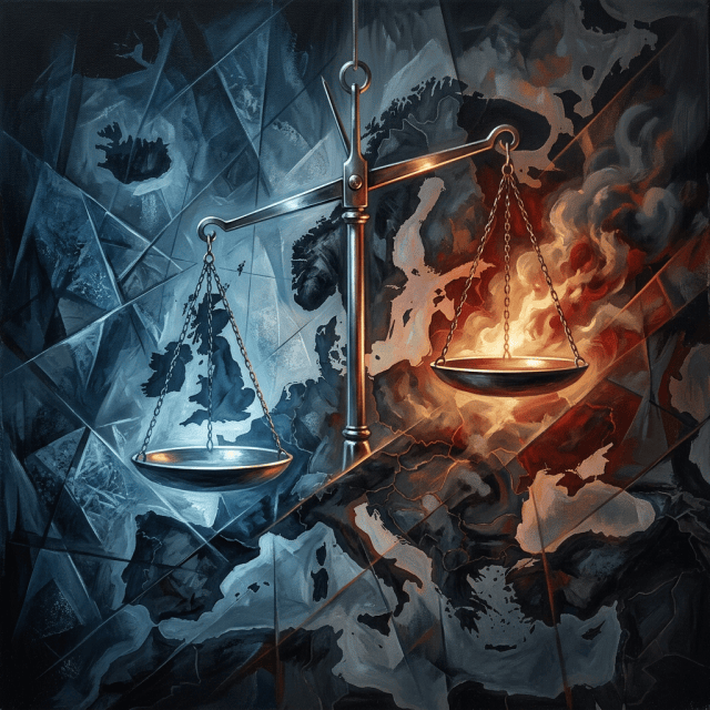 Balance scale contrasting icy blue shadows with fiery orange turmoil
