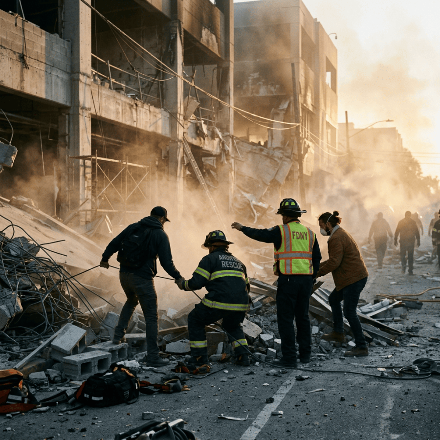 Emergency responders and civilians coordinating through smoke