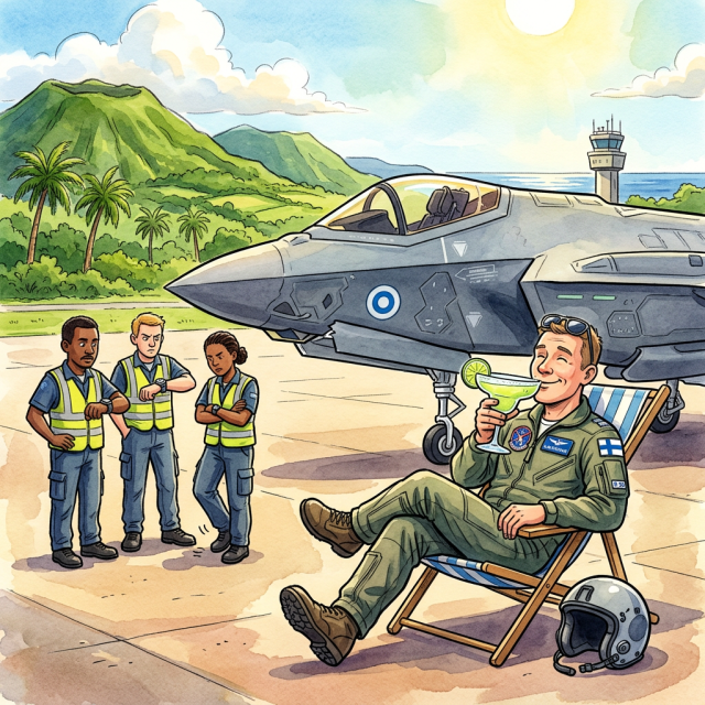 Pilot drinking a cocktail beside a futuristic fighter jet and three ground crew members