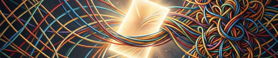 Glowing blank paper surrounded by colorful tangled threads