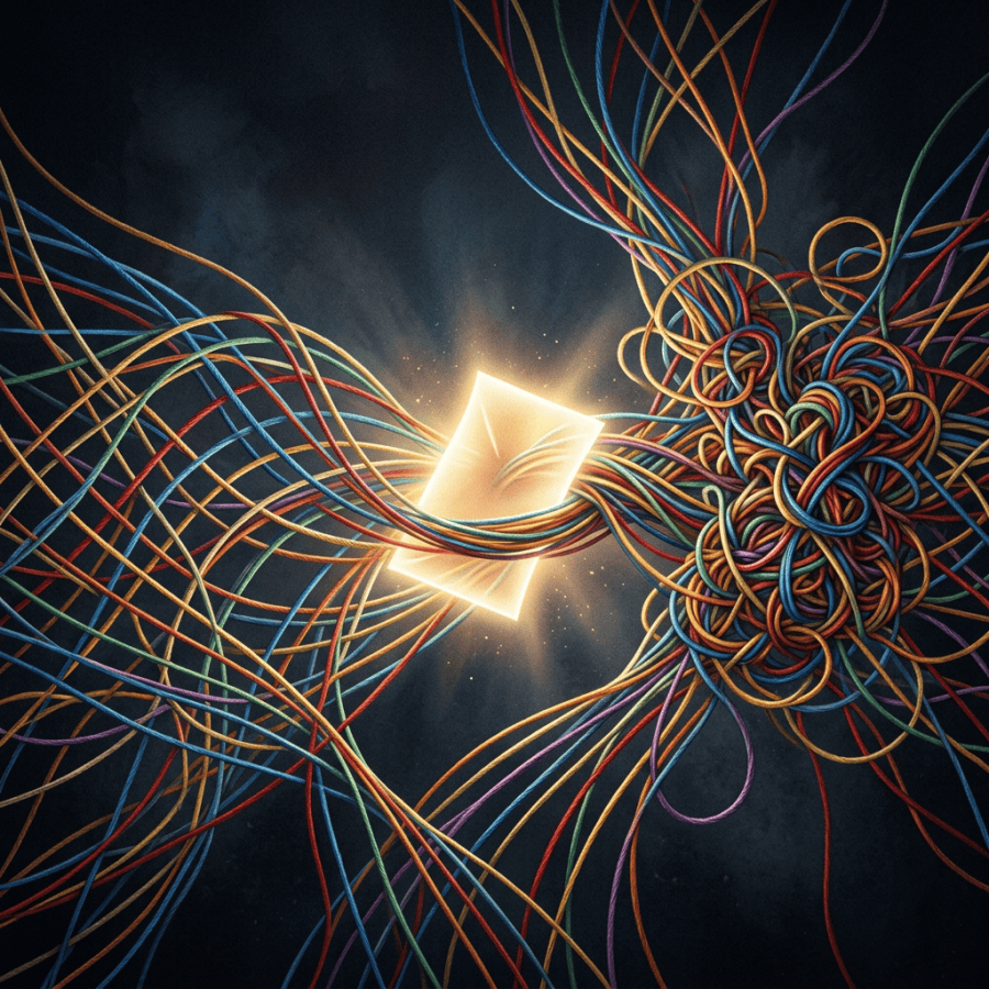 Glowing blank paper surrounded by colorful tangled threads