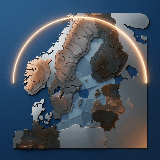 Stylized metallic map of Europe beneath a glowing semicircular arc