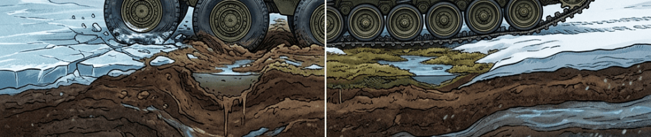 Armored vehicles across ① Firm Icy Crust, ② Soft Peatland (muskeg, moss, and meltwater), and ③ Deep Snow