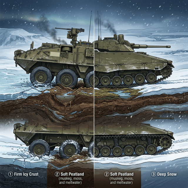 Armored vehicles across ① Firm Icy Crust, ② Soft Peatland (muskeg, moss, and meltwater), and ③ Deep Snow