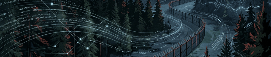 Digital network lines overlay a forest road, fence, and watchtower