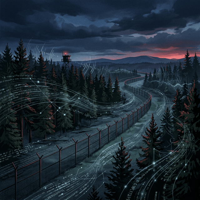 Digital network lines overlay a forest road, fence, and watchtower