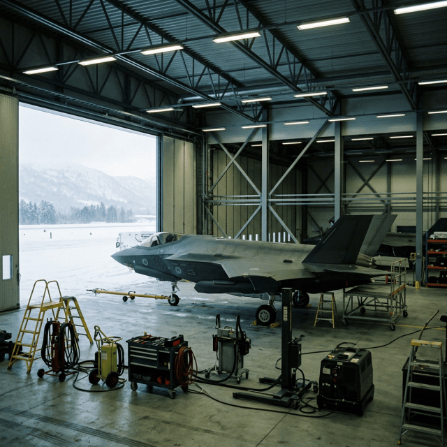 Modern fighter jet inside a maintenance hangar beside a snowy airfield