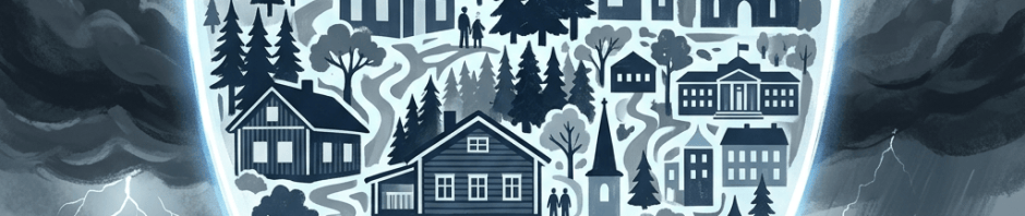 Glowing shield containing houses, buildings, trees, roads, and a church