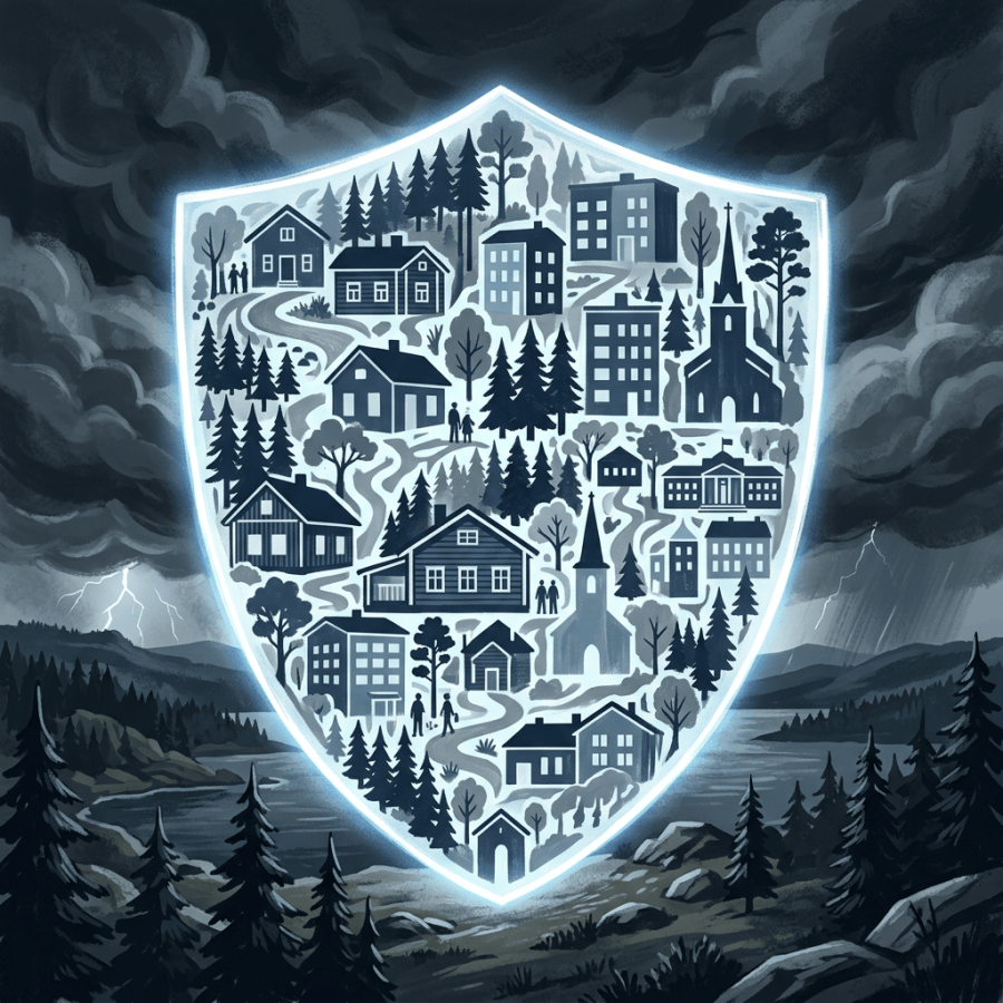 Glowing shield containing houses, buildings, trees, roads, and a church