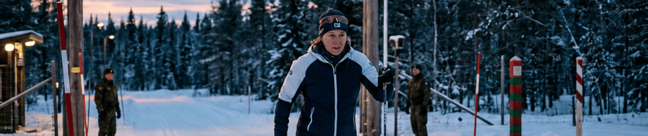 Cross-country skier passing beneath a Welcome to Finland sign