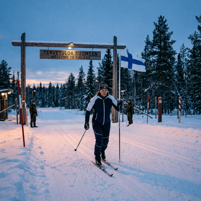 Cross-country skier passing beneath a Welcome to Finland sign