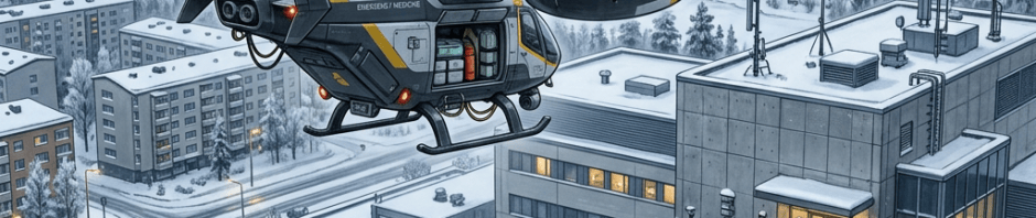Futuristic medical drone hovering above a snowy rooftop helipad