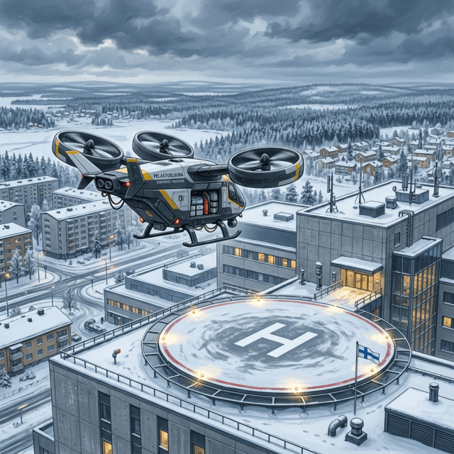 Futuristic medical drone hovering above a snowy rooftop helipad