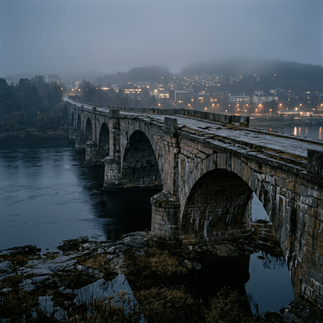 Historic stone bridge crossing a river toward a misty town at dusk