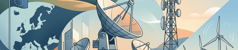 Illustration of European technology infrastructure with satellites, antennas, solar panels, and wind turbines