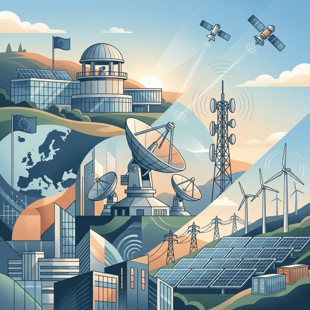 Illustration of European technology infrastructure with satellites, antennas, solar panels, and wind turbines