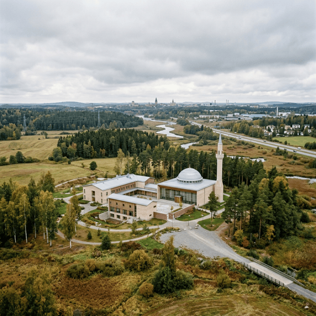 A modern mosque with dome and minaret surrounded by forests and wetlands